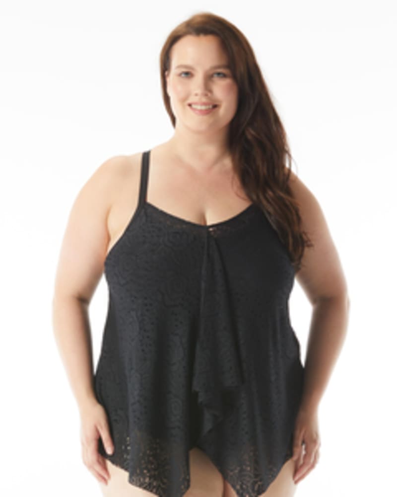 Front of a model wearing a size 16W Kerry Mesh Tankini Swim Top in BLACK by Beach House Woman. | dia_product_style_image_id:269160